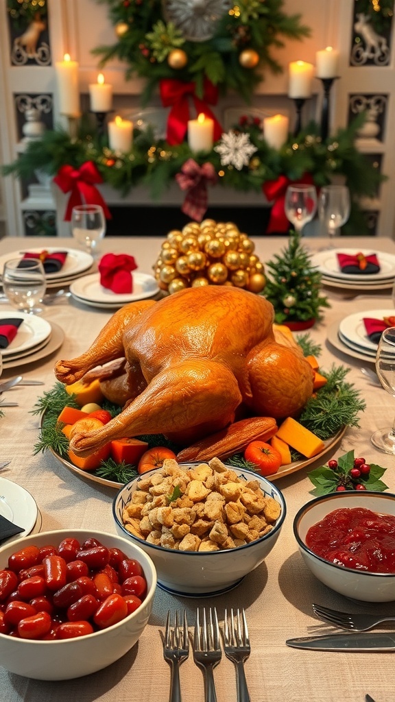 Festive Oven-Baked Christmas Dinner Ideas A festive Christmas dinner table with roasted turkey, vegetables, stuffing, and cranberry sauce.